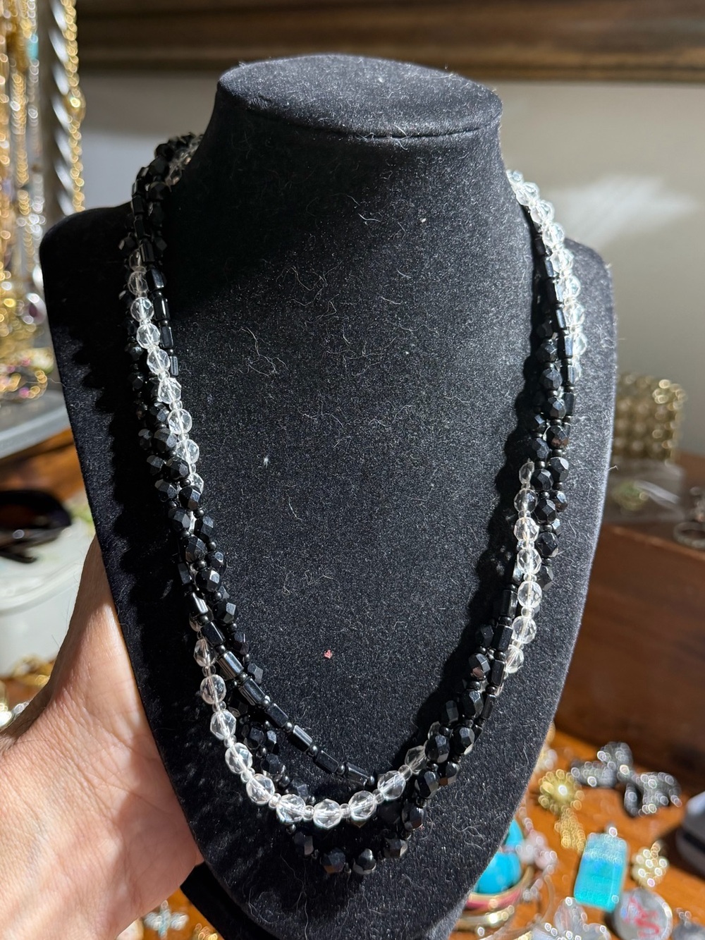 Vintage Sarah Coventry Black Clear Twisted Beaded Necklace